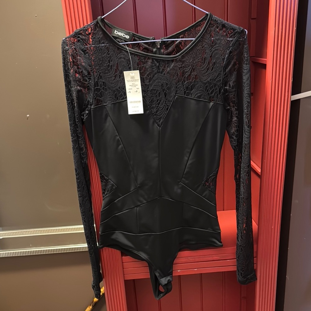 Bebe Black Lace Long Sleeve Bodysuit